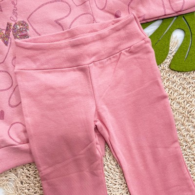 Conj. Casaco de Moletom Love com Capuz e Calça Legging Flare - Rose